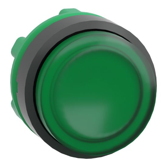 Picture of Head for illuminated push button, Harmony XB5, round green projecting, 22mm, universal LED, push to release, unmarked