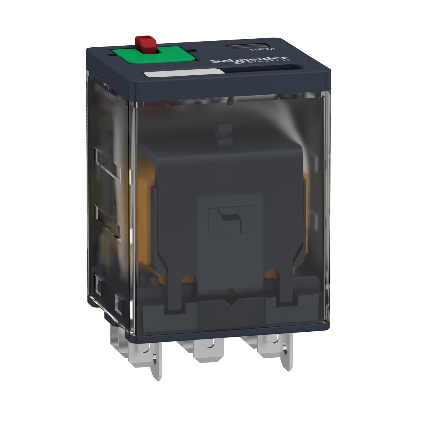 Picture of plug-in relay, Harmony electromechanical relays, 15A, 3CO, lockable test button, 120V AC