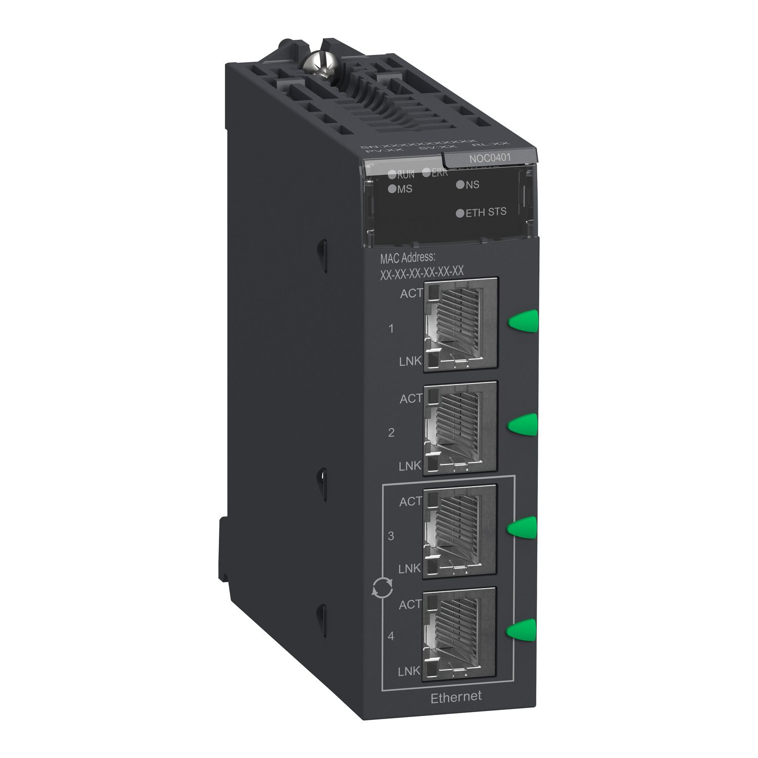 Picture of network module, Modicon M340, EtherNet/IP and Modbus/TCP, 4 x RJ45
