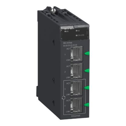 Picture of network module, Modicon M340, EtherNet/IP and Modbus/TCP, 4 x RJ45