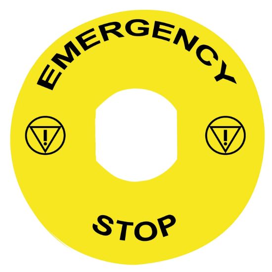 Picture of Marked legend, Harmony XB4, plastic, yellow, 90mm, for emergency stop, marked EMERGENCY STOP with logo ISO13851