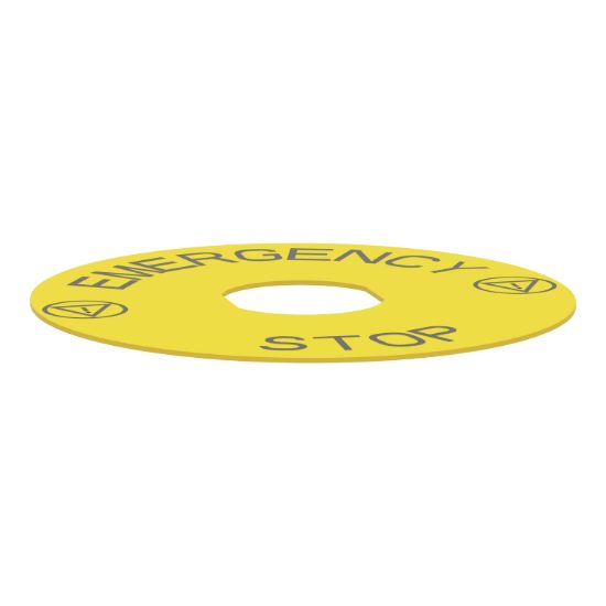 Picture of Marked legend, Harmony XB4, plastic, yellow, 90mm, for emergency stop, marked EMERGENCY STOP with logo ISO13851