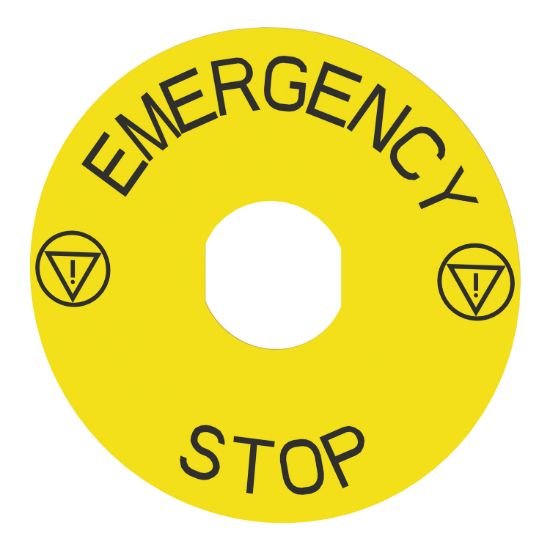 Picture of Marked legend, Harmony XB4, plastic, yellow, 90mm, for emergency stop, marked EMERGENCY STOP with logo ISO13851