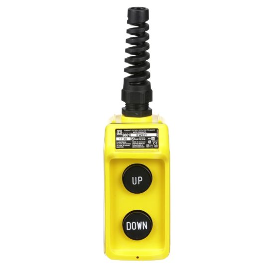 Picture of Pendant station, Harmony 9001B, mechanical interlock, yellow, single speed, 5A, 600V AC, marked Up-Down legend
