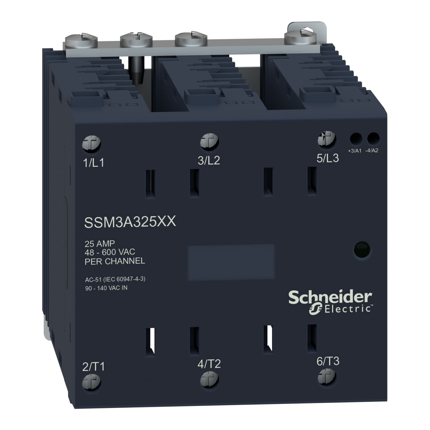 Picture of single phase relay, Harmony Solid State Modular Relays, 25A, DIN rail mount, zero voltage switching, input 90 to 140V AC, output 48 to 600V AC