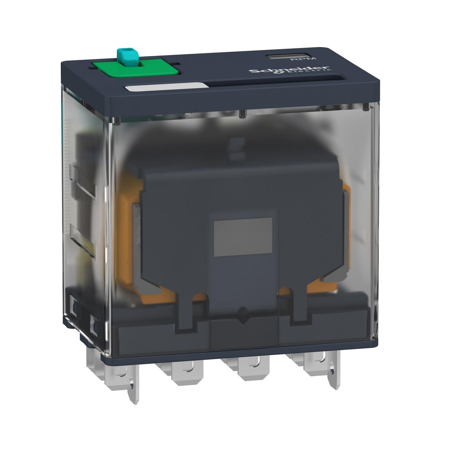 Picture of plug-in relay, Harmony electromechanical relays,  15A, 4CO, lockable test button, 24V DC