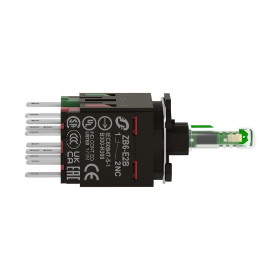 Picture of Complete body for illuminated push button, Harmony XB6, green light block, with body fixing collar, integral LED, 12...24V, 1NO + 1NC