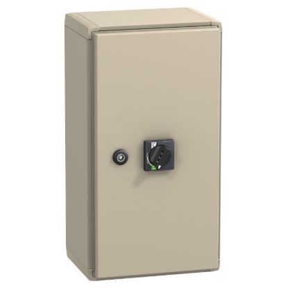 Picture of steel enclosure, ComPact NSX100/160, with red and yellow extended rotary handle, IP55, IK08