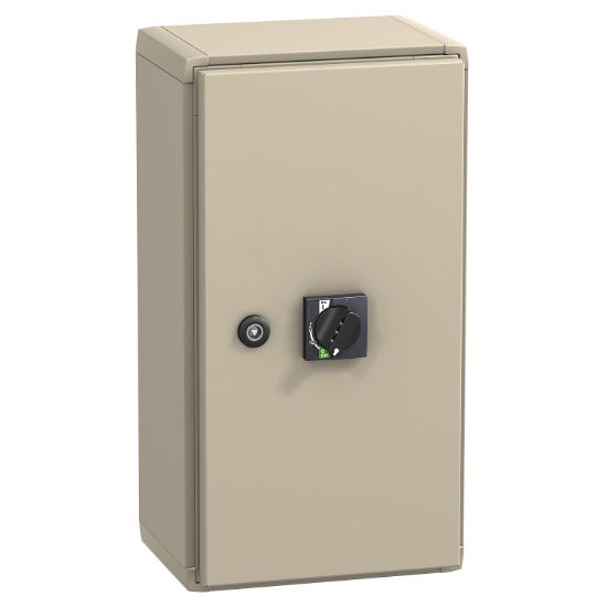 Picture of steel enclosure, ComPact NSX250, VigiComPact NSX100/160/250, with red and yellow extended rotary handle, IP55, IK08