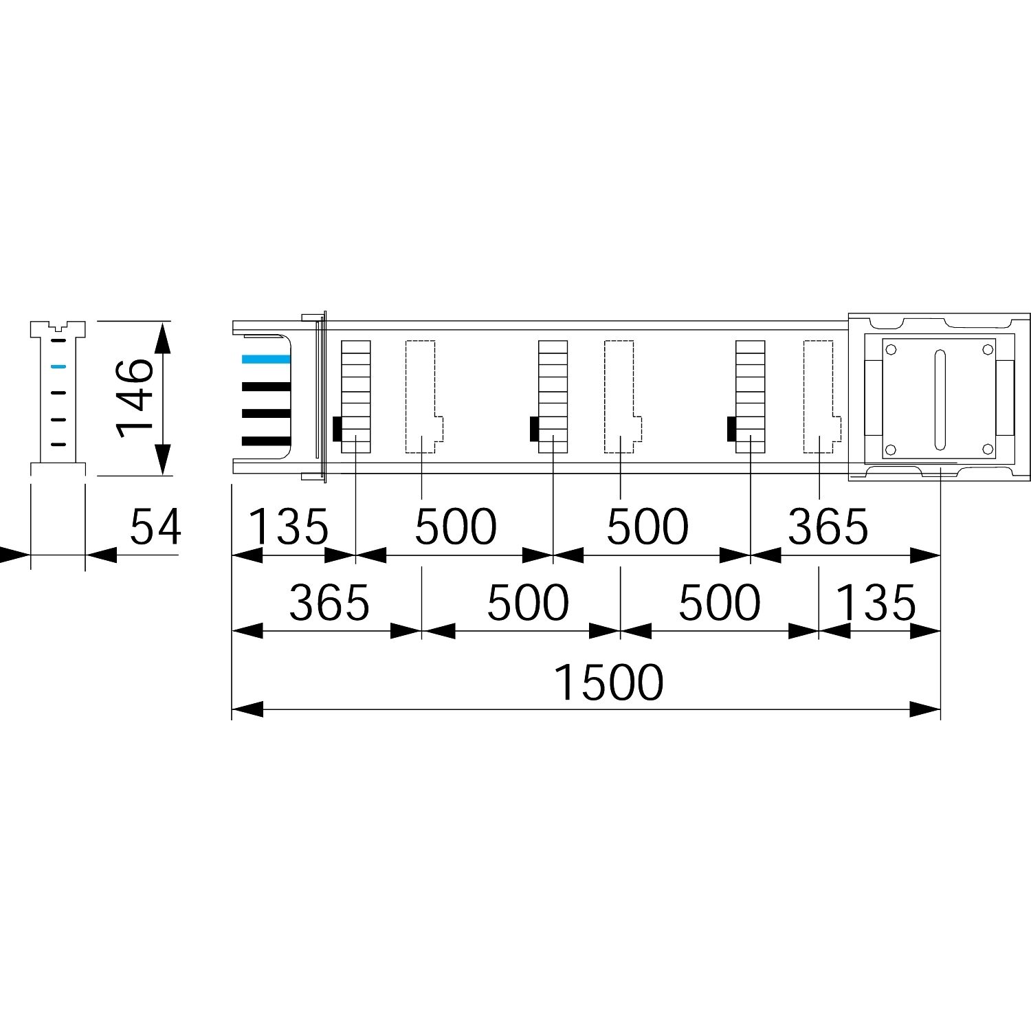 Picture of Horizontal distribution length, Canalis KSA250, aluminium, 100/160/250A, fixed length 1.5m, 6 outlets, 3L+N+PE, RAL9001