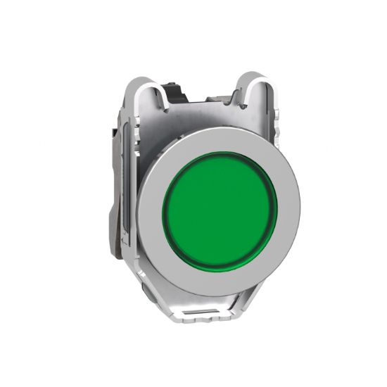 Picture of Pilot light, Harmony XB4,metal, green flush mounted, 30mm, universal LED, plain lens, 24V AC DC