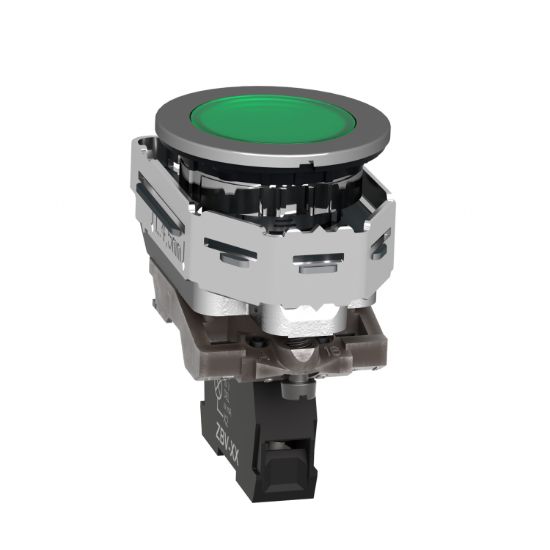 Picture of Pilot light, Harmony XB4,metal, green flush mounted, 30mm, universal LED, plain lens, 24V AC DC