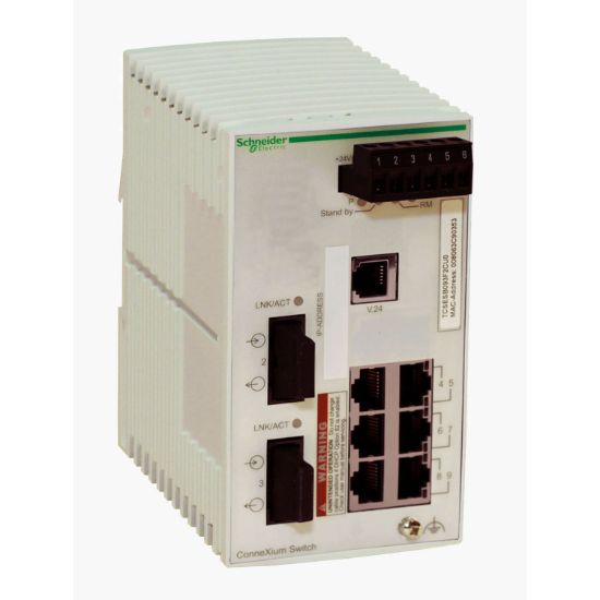 Picture of network switch, Modicon Networking, basic managed, 6 ports for copper, 2 ports for fiber optic, multimode