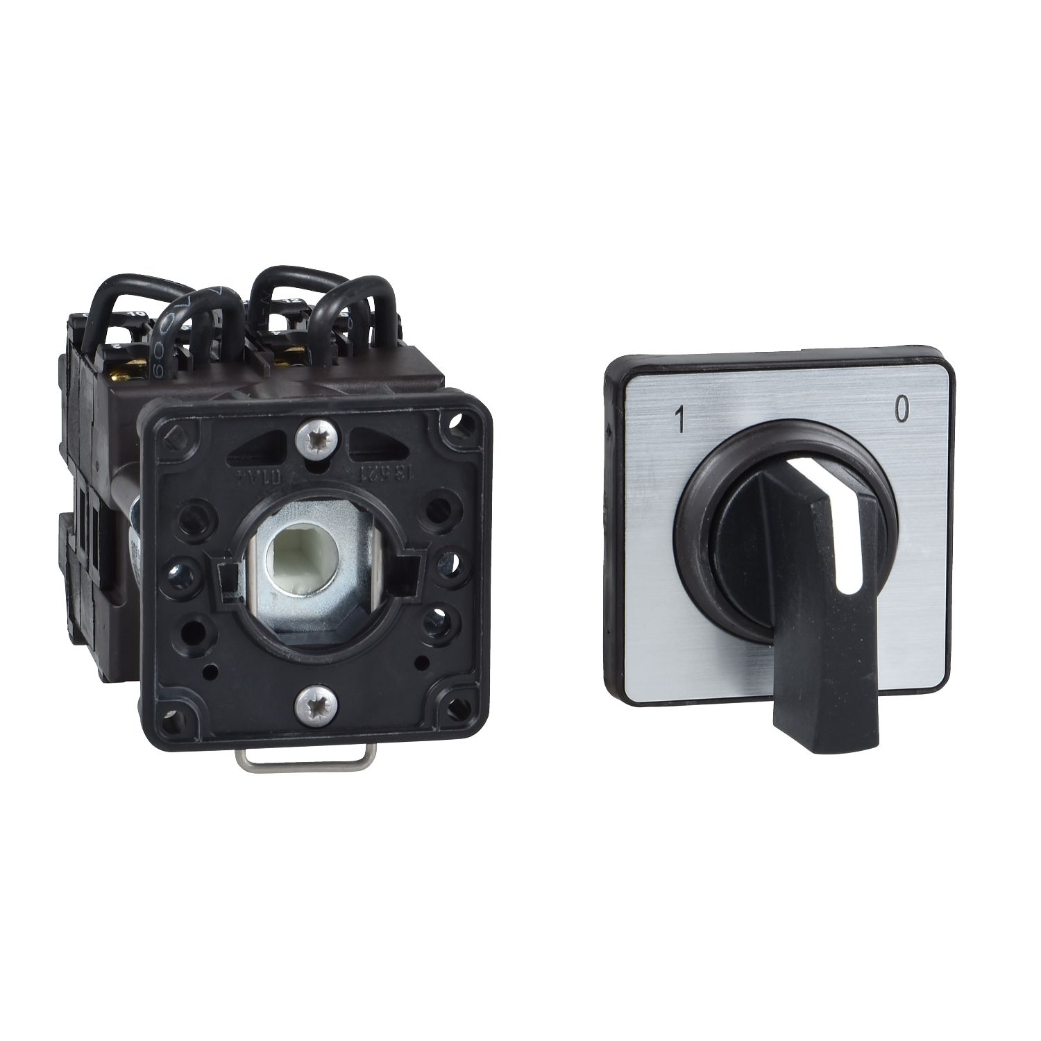 Picture of Cam changeover switch, Harmony K, 22mm, plastic, 3 poles, 2 positions, 30 degree, 20A, 45x45mm, metallic legend, marked 1/2, 35mm black handle
