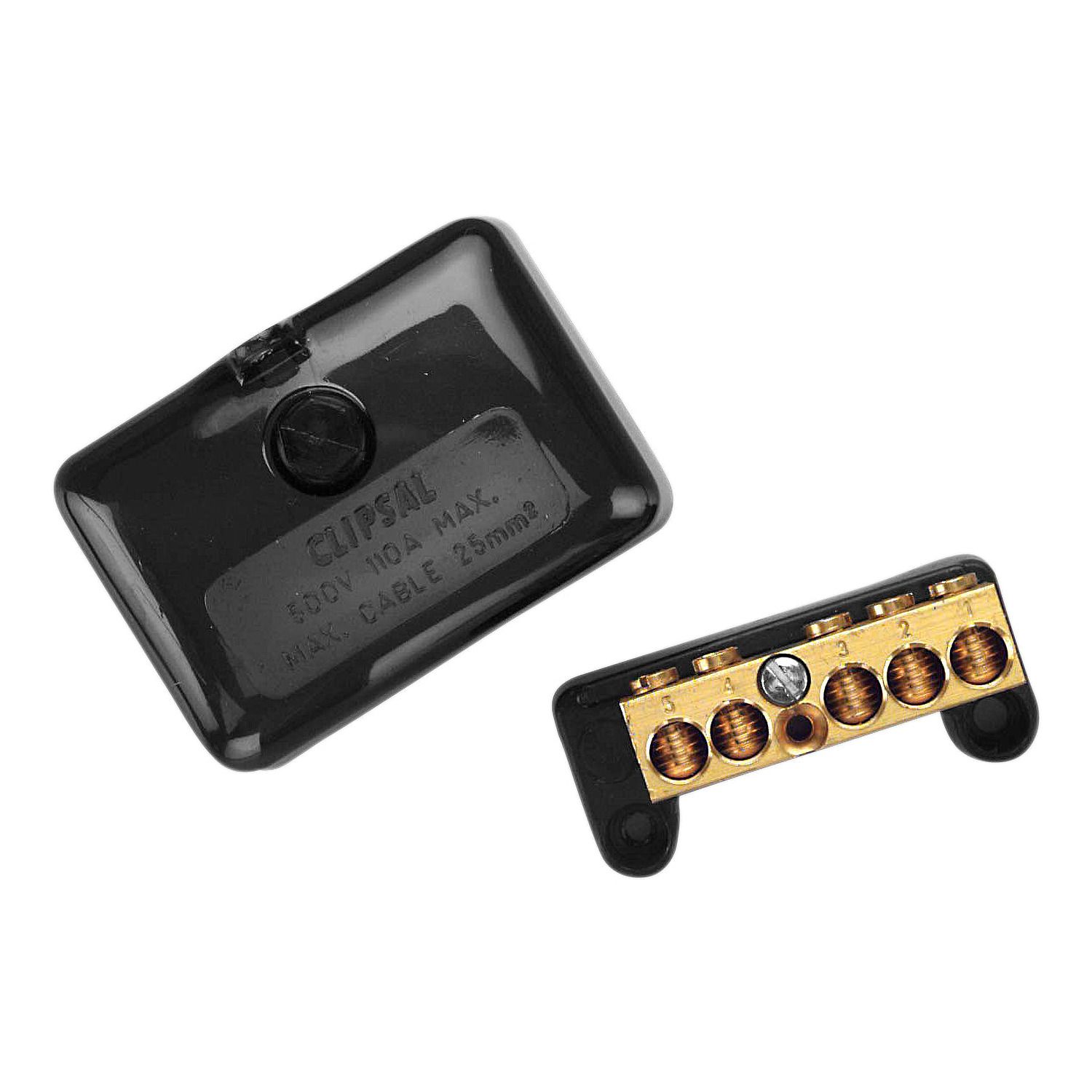 Picture of Mini Neutral link, Clipsal - Max 4, 100 A 500 V 5 hole with cover back wiring Black