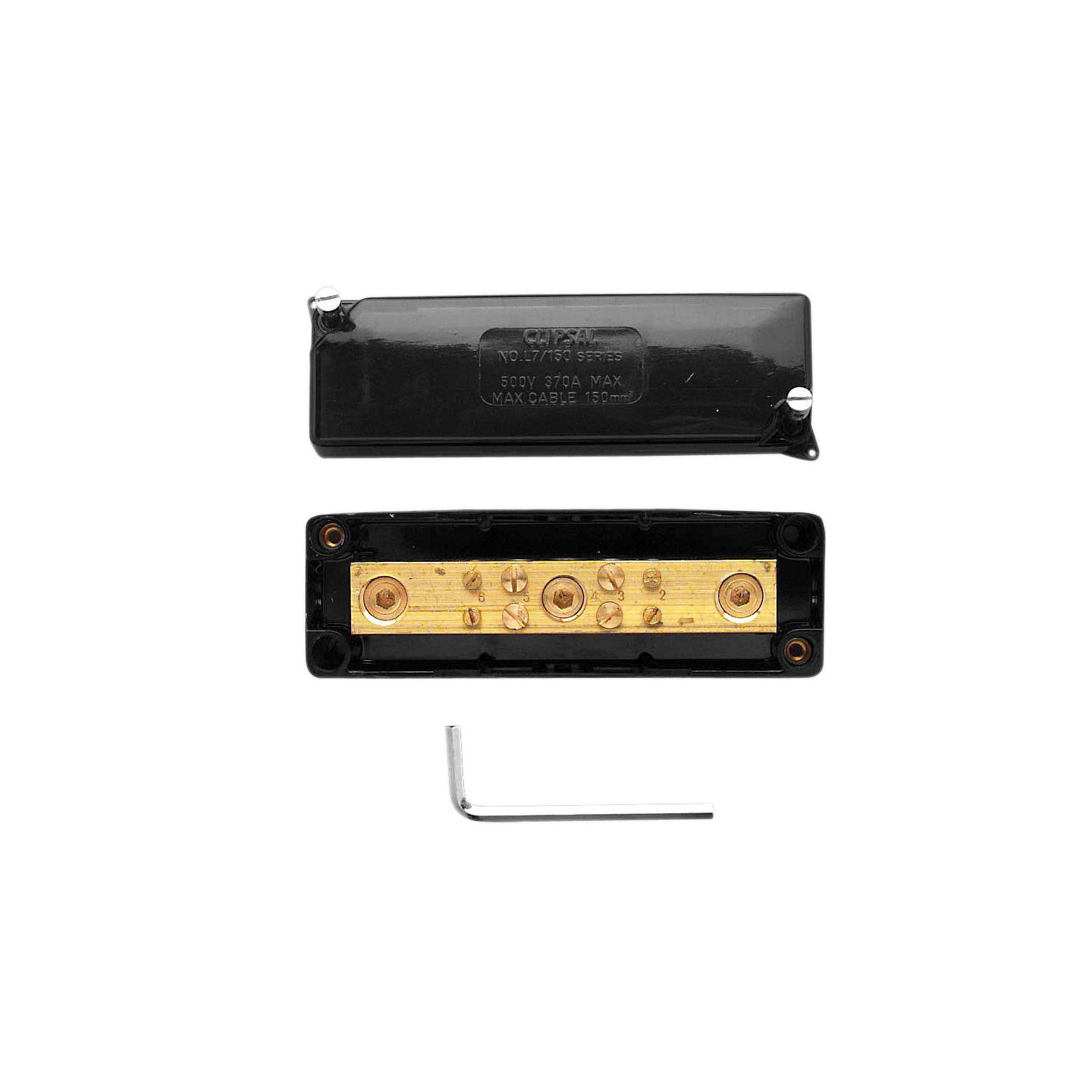 Picture of Maxi Neutral link, Clipsal - Max 4, 370 A 500 V 7 hole with cover front wiring Black