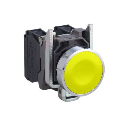 Picture of Push button, Harmony XB4, metal, flush, yellow, 22mm, spring return, unmarked, 1NO