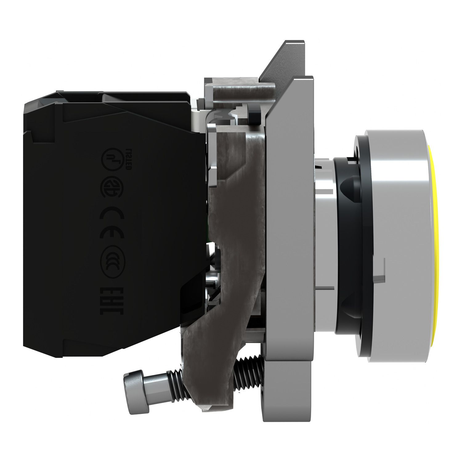 Picture of Push button, Harmony XB4, metal, flush, yellow, 22mm, spring return, unmarked, 1NO