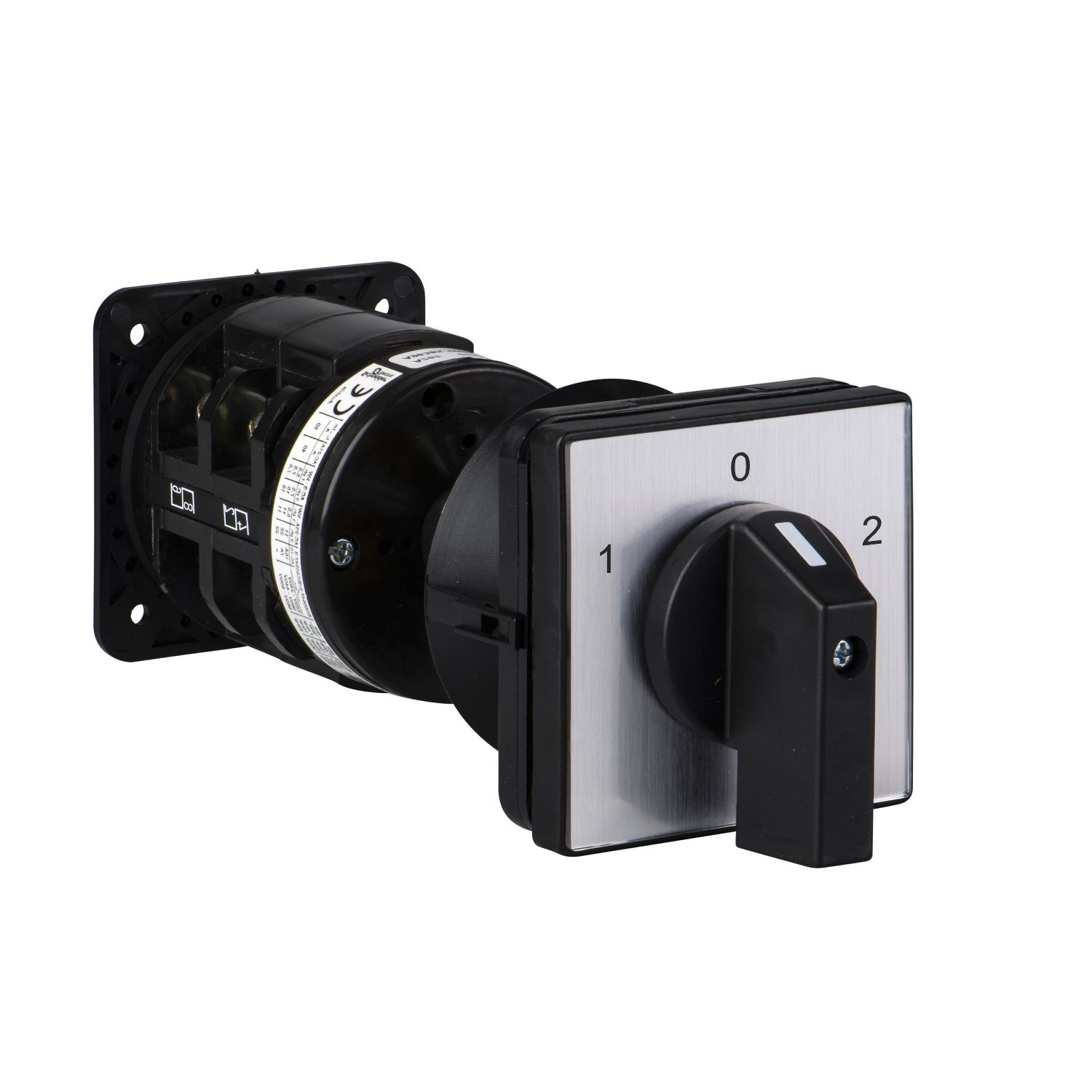 Picture of Cam reversing switch, Harmony K, front mounting, plastic, 3 poles, position 0, 60 degree, 50A, 64x64mm, marked 1/0/2