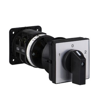 Picture of Cam reversing switch, Harmony K, front mounting, plastic, 3 poles, position 0, 60 degree, 50A, 64x64mm, marked 1/0/2