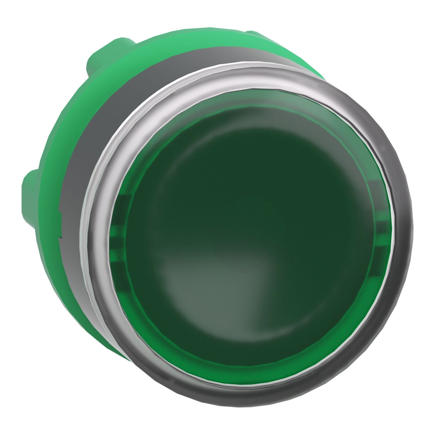Picture of Head for illuminated push button, Harmony XB5, plastic, green flush, 22mm, universal LED, spring return, plain lens