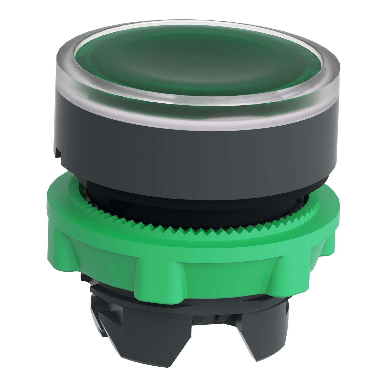 Picture of Head for illuminated push button, Harmony XB5, plastic, green flush, 22mm, universal LED, spring return, plain lens