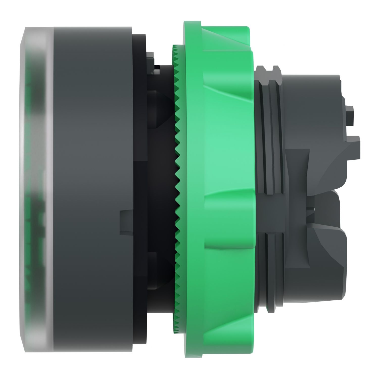 Picture of Head for illuminated push button, Harmony XB5, plastic, green flush, 22mm, universal LED, spring return, plain lens