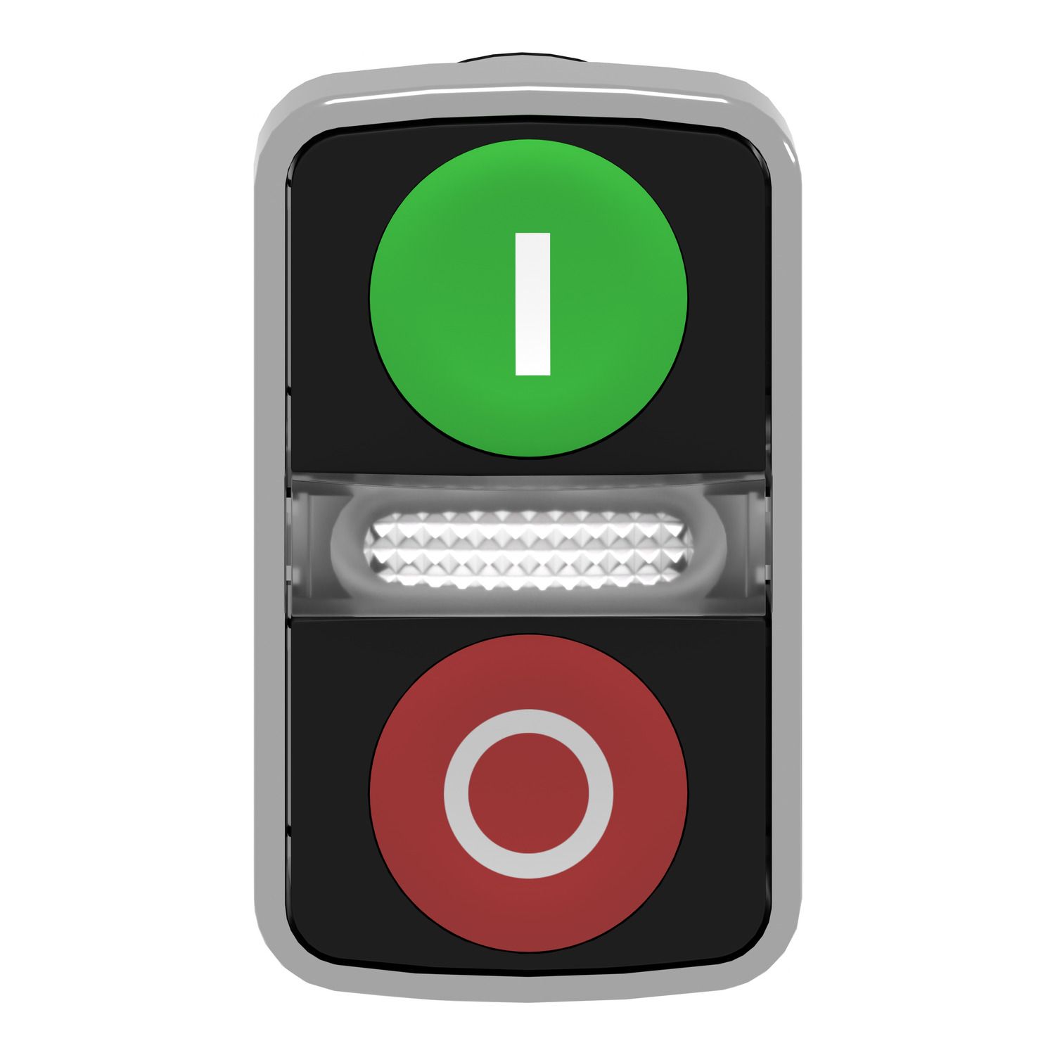 Picture of Illuminated double headed push button head, Harmony XB4, metal, 22mm, 1 green flush marked I + 1 pilot light + 1 red flush marked O