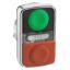Picture of Illuminated double-headed push button head, Harmony XB4, metal, Ø22, 1 green fLush + 1 pilot light + 1 red projecting, unmarked