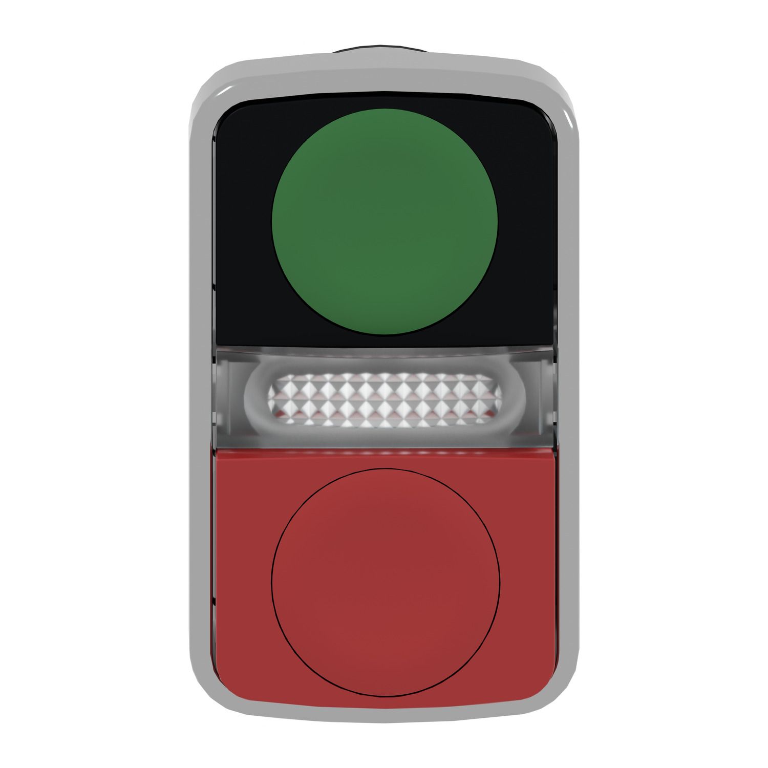 Picture of Illuminated double-headed push button head, Harmony XB4, metal, Ø22, 1 green fLush + 1 pilot light + 1 red projecting, unmarked