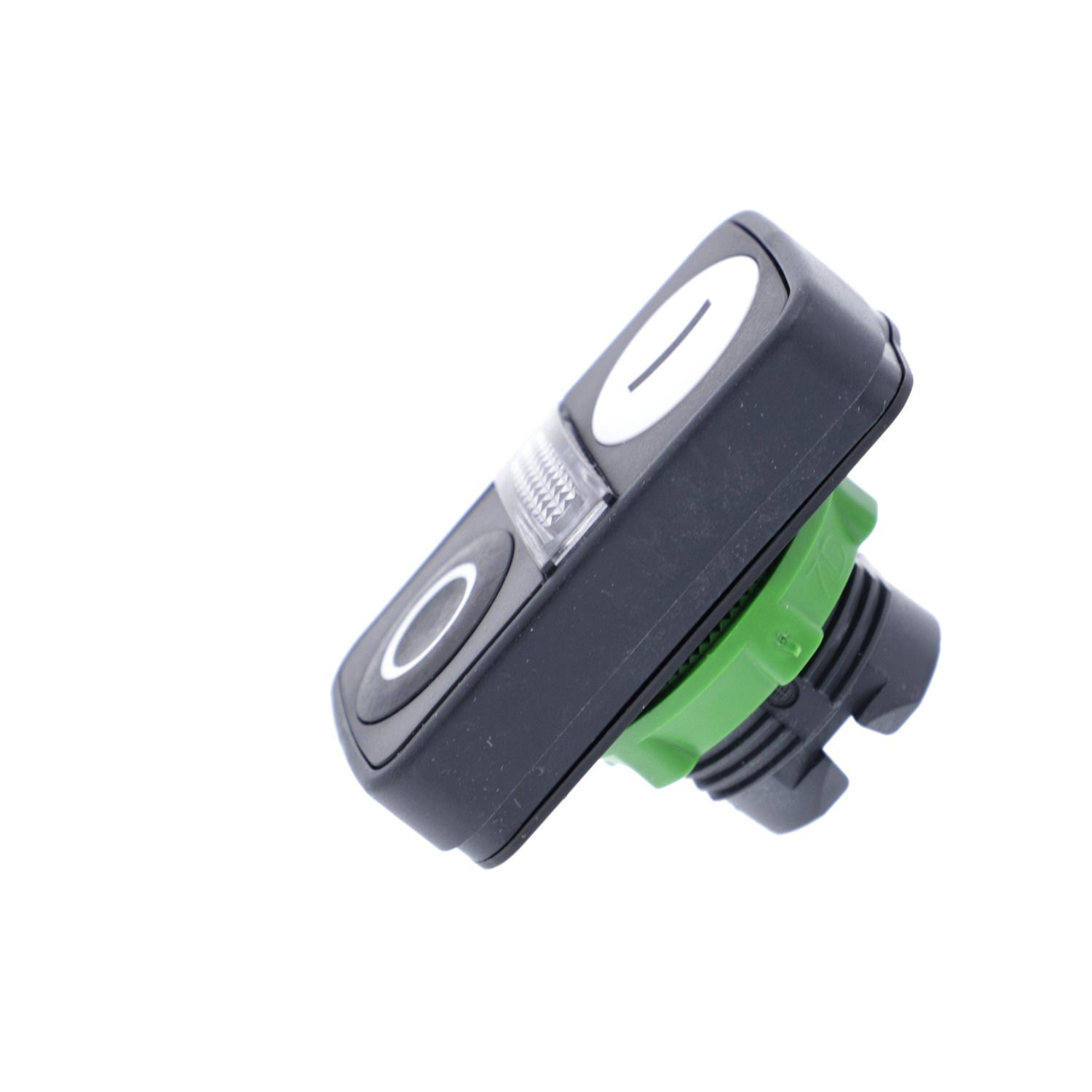 Picture of Illuminated double headed push button head, Harmony XB5, plastic, 22mm, 1 white flush marked I + 1 pilot light + 1 black flush marked O