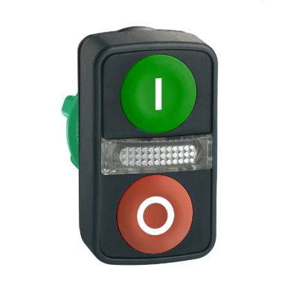 Picture of Illuminated double headed push button head, Harmony XB5, plastic, 22mm, 1 green flush marked I + 1 pilot light + 1 red flush marked O