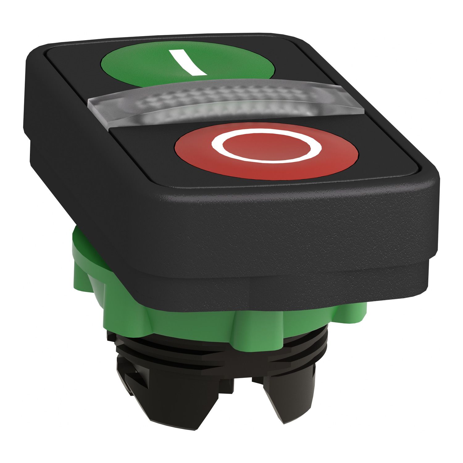 Picture of Illuminated double headed push button head, Harmony XB5, plastic, 22mm, 1 green flush marked I + 1 pilot light + 1 red flush marked O