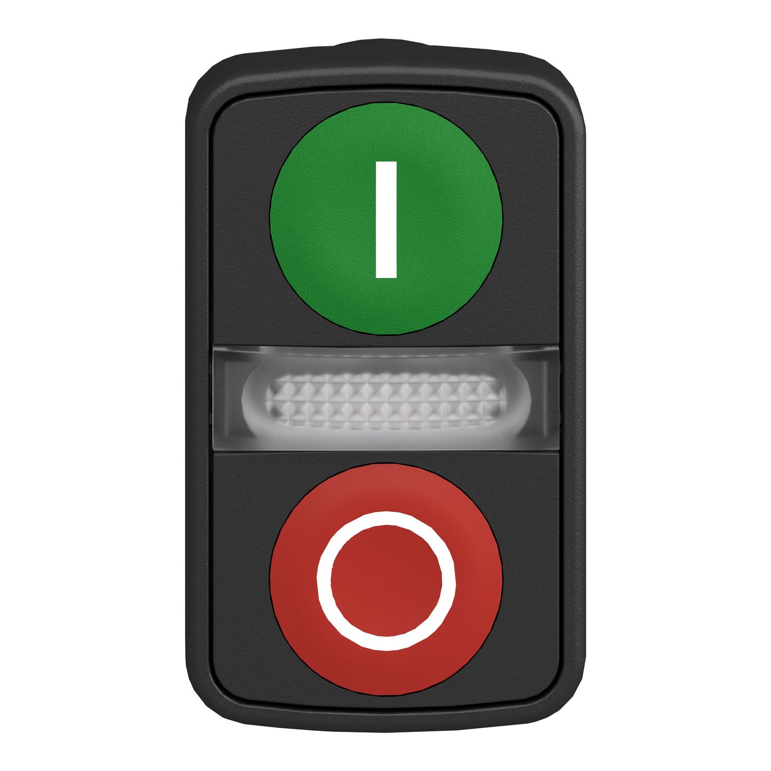 Picture of Illuminated double headed push button head, Harmony XB5, plastic, 22mm, 1 green flush marked I + 1 pilot light + 1 red flush marked O