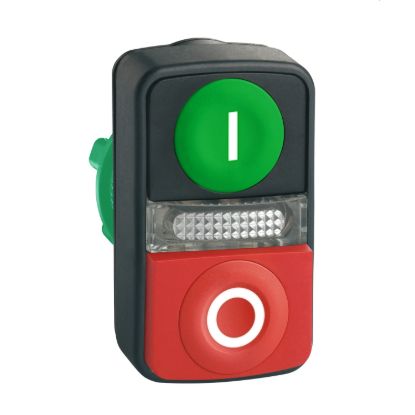 Picture of Illuminated double headed push button head, Harmony XB5, plastic, Ø22, 1 green flush I + 1 pilot light + 1 red projecting O