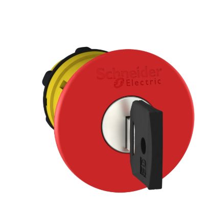 Picture of Head for emergency stop push button, Harmony XB5, switching off, plastic, red mushroom 40mm, 22mm, trigger/latching key release, Dom 4A185