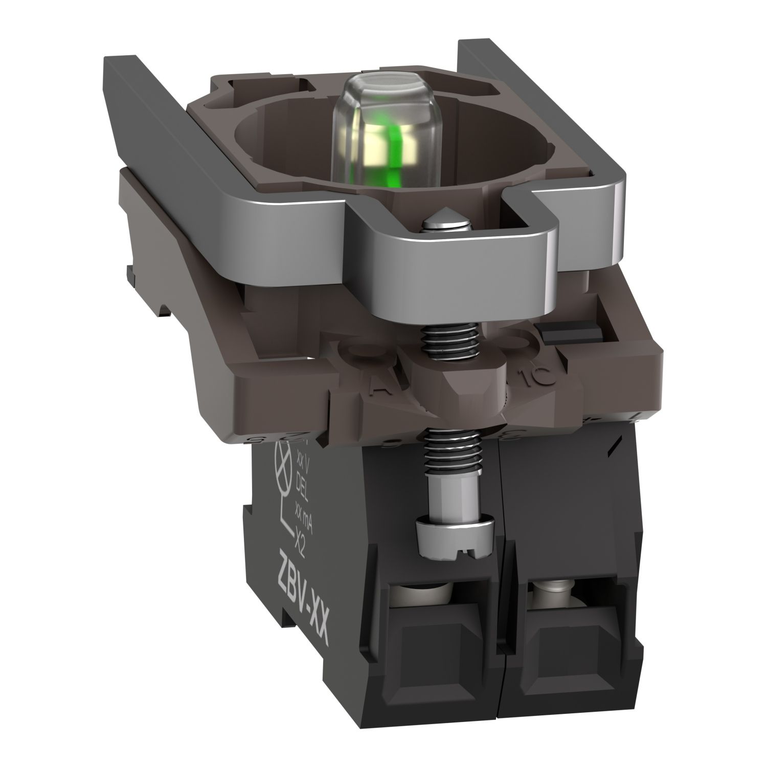 Picture of Complete body/contact assembly and light block, Harmony XB4, metal, universal LED, body/fixing collar, 1NO, 24V AC DC