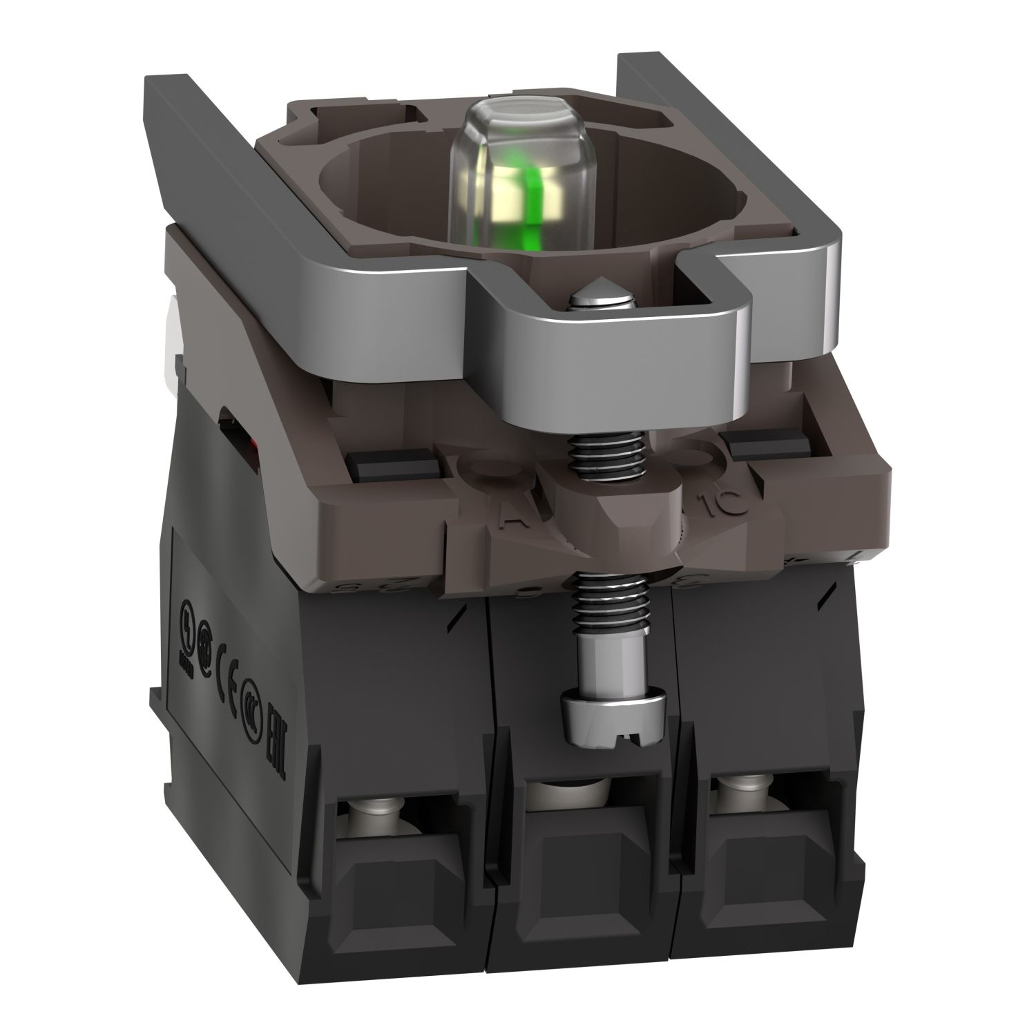 Picture of Complete body/contact assembly and light block, Harmony XB4, metal, universal LED, body/fixing collar, 1NO + 1NC, 24V AC DC