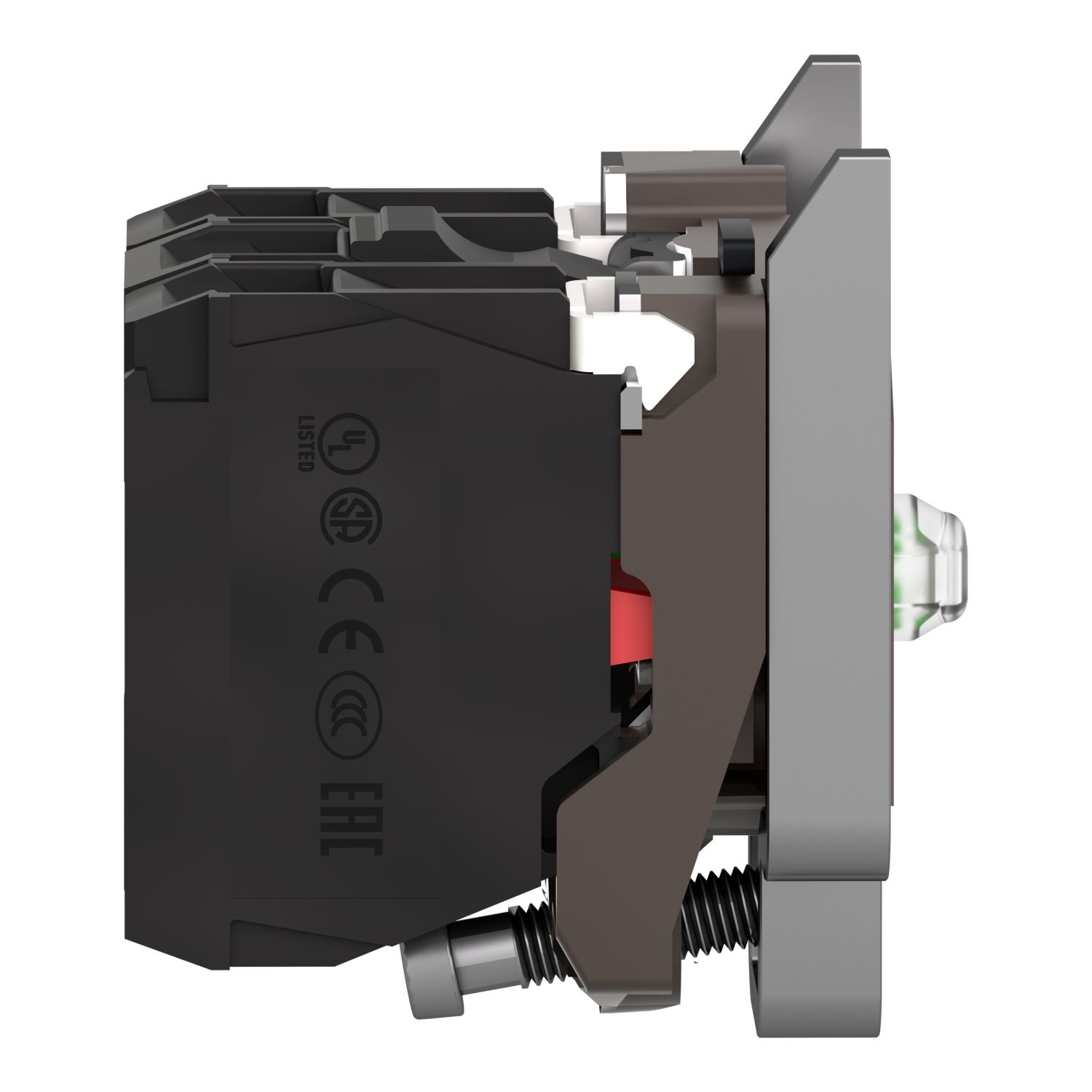 Picture of Complete body/contact assembly and light block, Harmony XB4, metal, universal LED, body/fixing collar, 1NO + 1NC, 24V AC DC