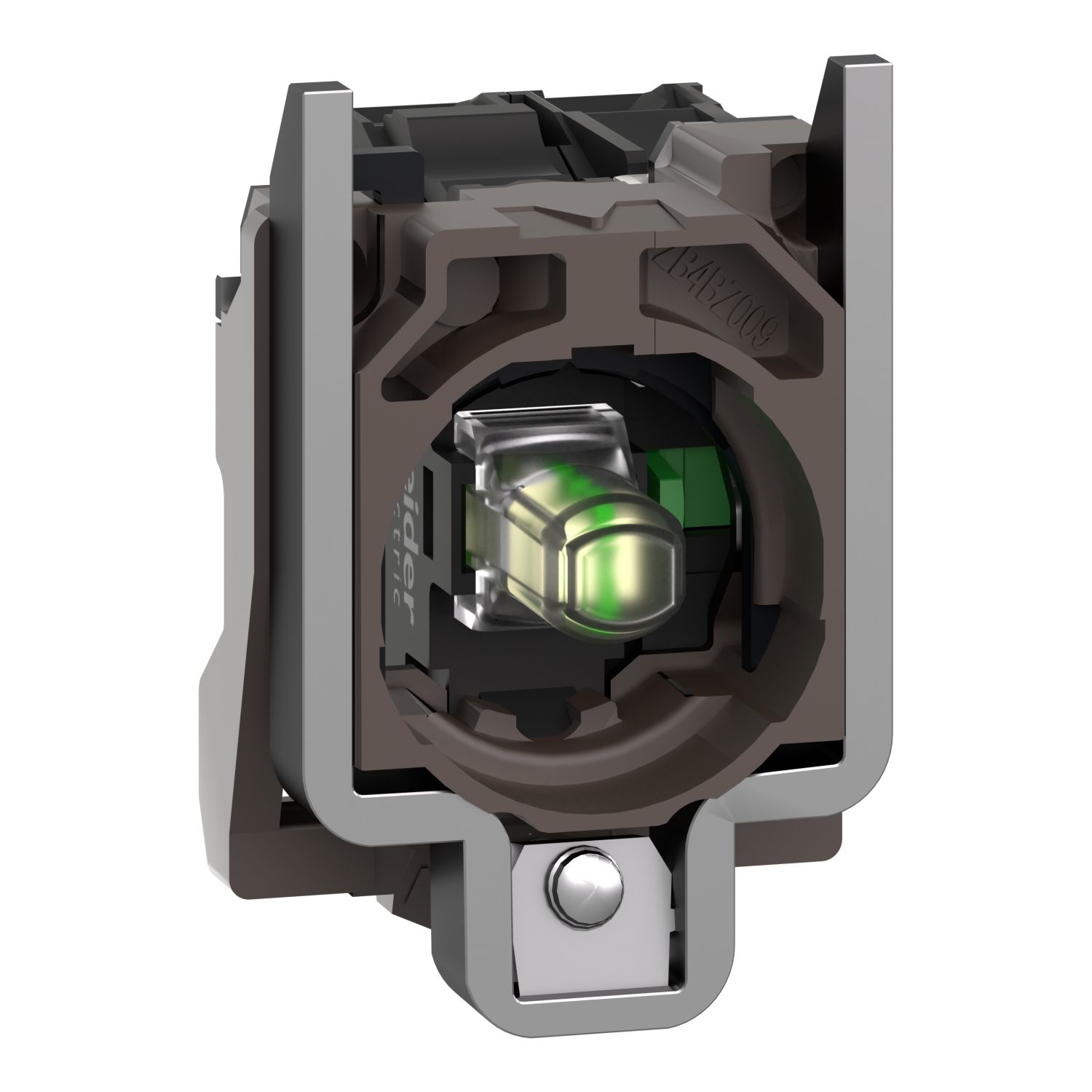 Picture of Complete body contact assembly and light block, Harmony XB4, metal, universal LED, body fixing collar, 1NO, 110...120V AC