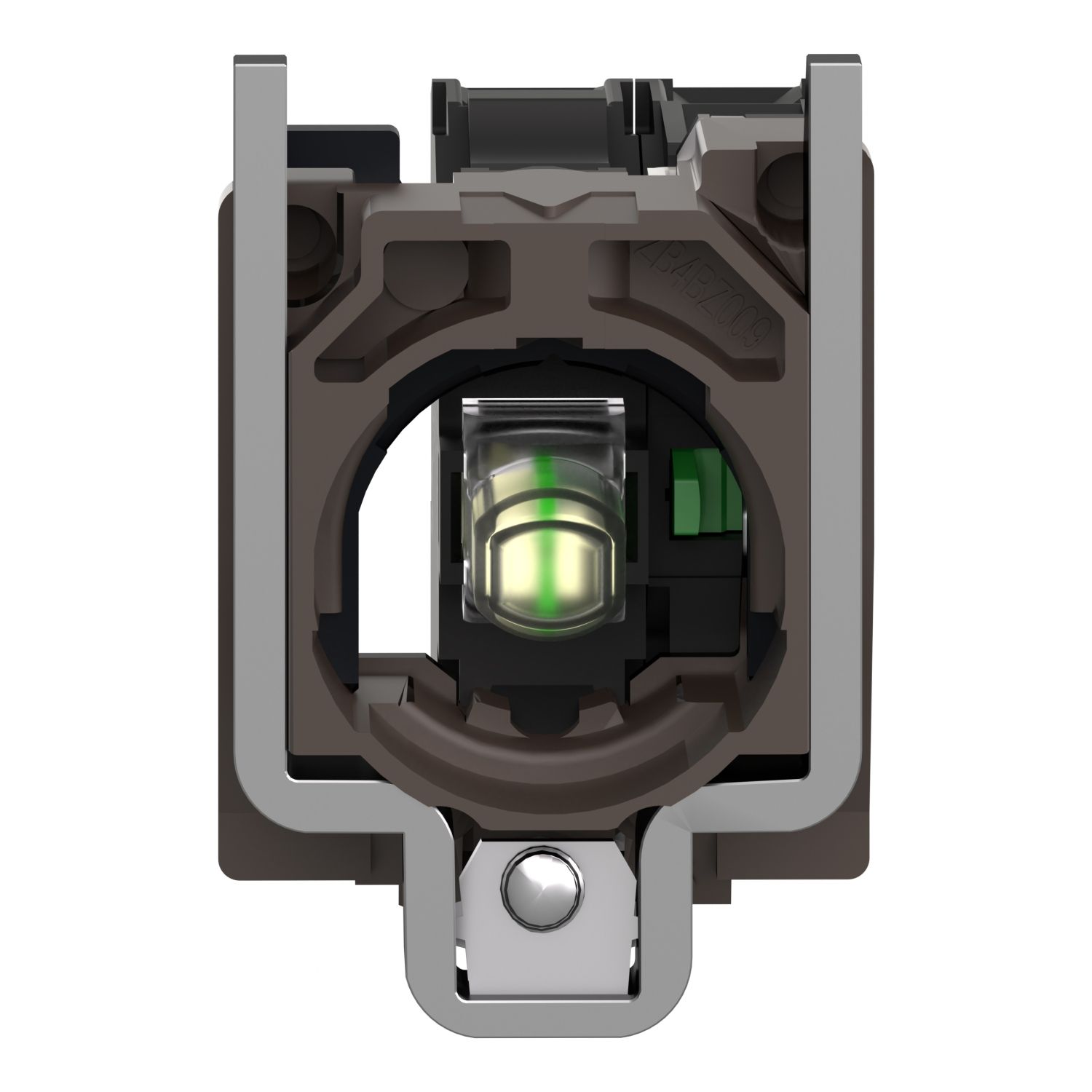 Picture of Complete body contact assembly and light block, Harmony XB4, metal, universal LED, body fixing collar, 1NO, 110...120V AC