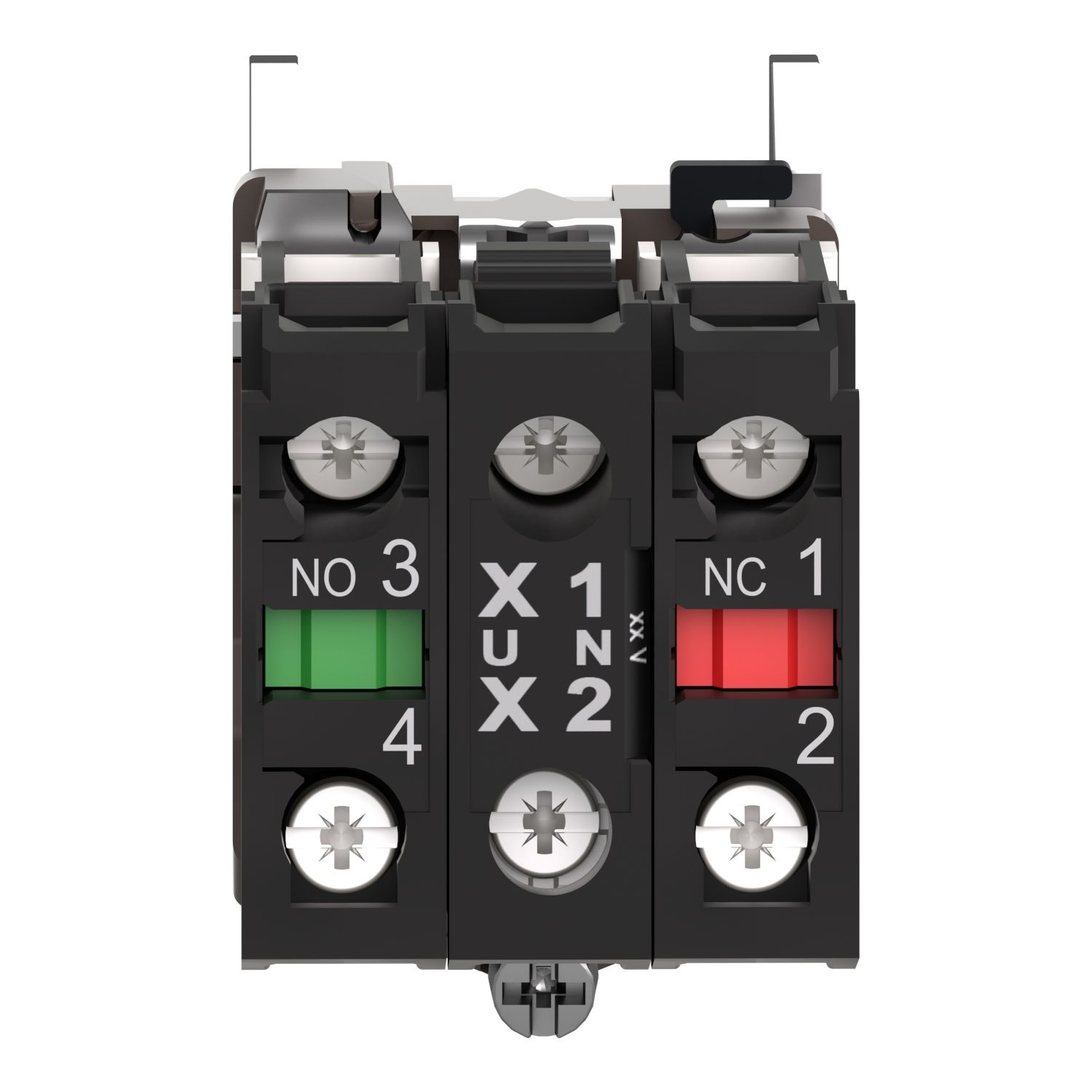 Picture of Complete body/contact assembly and light block, Harmony XB4, metal, universal LED, body/fixing collar, 1NO + 1NC, 230…240V AC