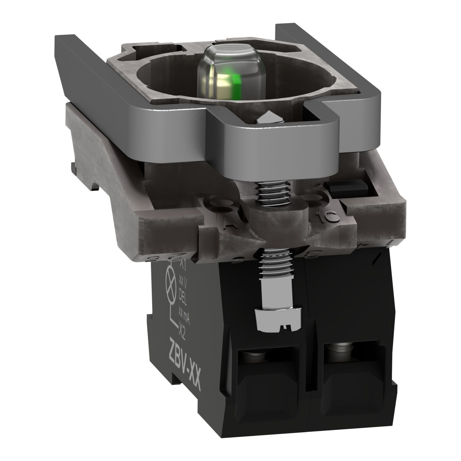 Picture of Complete body contact assembly and light block, Harmony XB4, with body fixing collar, universal LED, 24V, 1NC