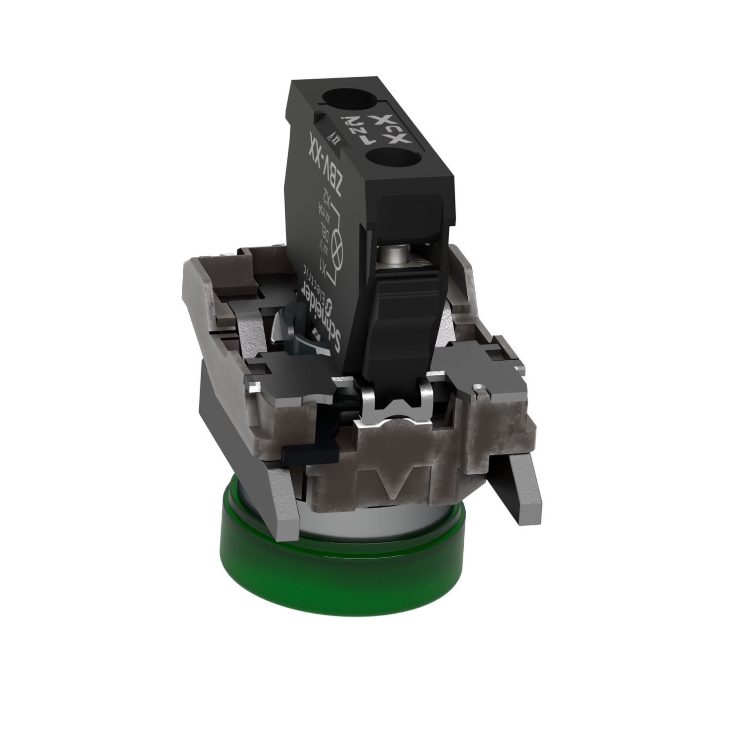 Picture of Pilot light, Harmony XB4, grey plastic, green, 22mm, universal LED, plain lens, 230...240V AC