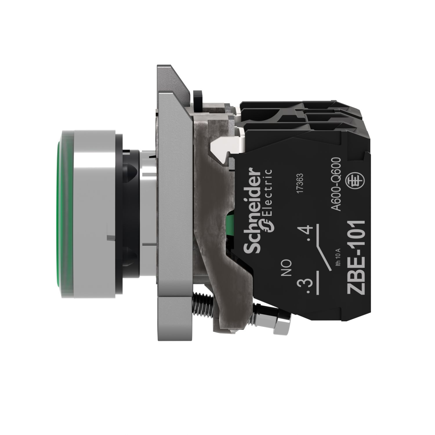 Picture of Illuminated push button, Harmony XB4, metal, green flush, 22mm, universal LED, plain lens, 1NO + 1NC, 24V AC DC