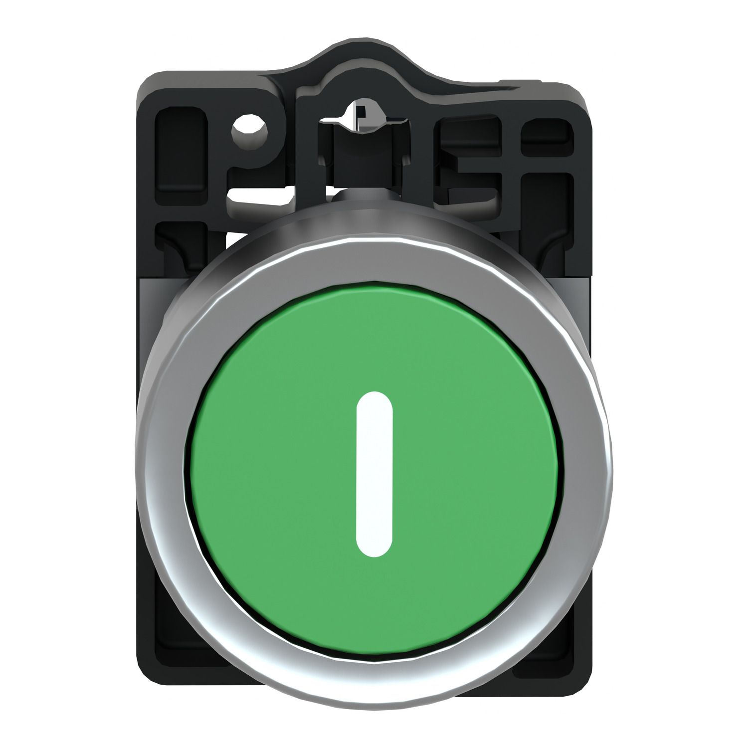 Picture of Complete push button, Easy Harmony XA2, plastic, flush, green, 22mm, spring return, marked I, 1NO
