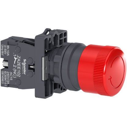 Picture of Complete emergency switching off push button, Easy Harmony XA2, plastic, red mushroom 30mm, 22mm, turn to release, 1NC