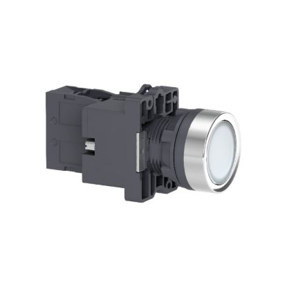 Picture of Complete illuminated push button, Easy Harmony XA2, plastic, flush, white, 22mm, spring return, 24V AC DC, 1NO