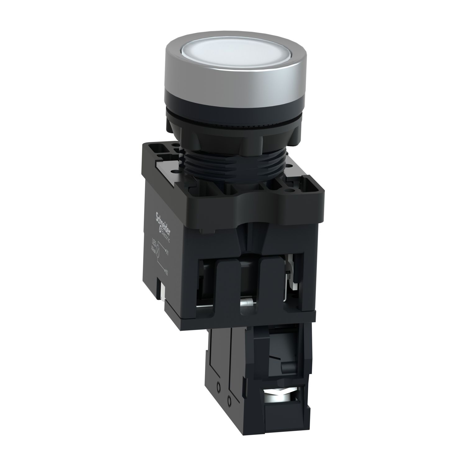 Picture of Complete illuminated push button, Easy Harmony XA2, plastic, flush, white, 22mm, spring return, 24V AC DC, 1NO