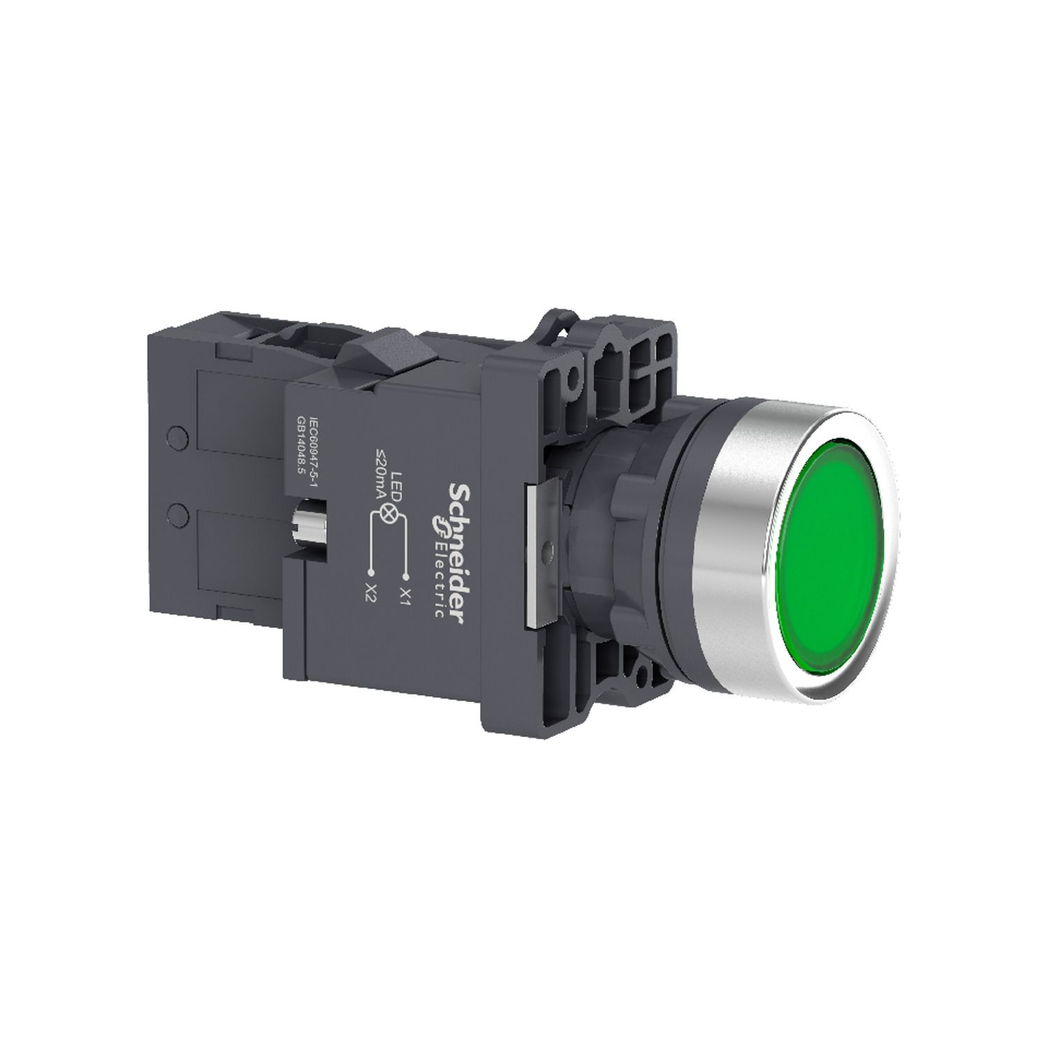 Picture of Complete illuminated push button, Easy Harmony XA2, plastic, flush, green, 22mm, spring return, 220V AC, 1NO